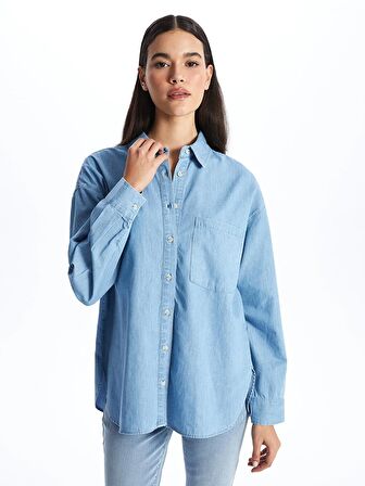 Düz Uzun Kollu Oversize Kadın Jean Gömlek