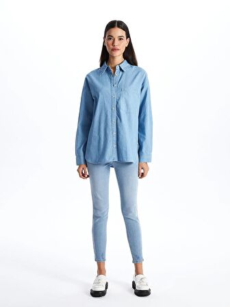 Düz Uzun Kollu Oversize Kadın Jean Gömlek