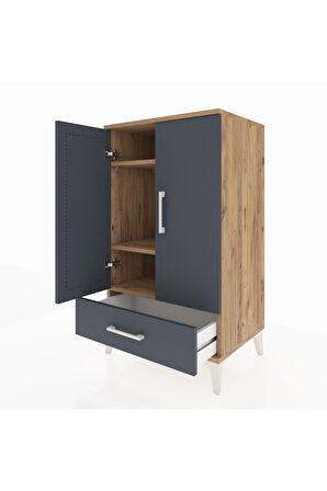 Hyperion Komodin 3 Raflı Tek Çekmeceli 2 Kapaklı 60x44x106 Çam-Antrasit