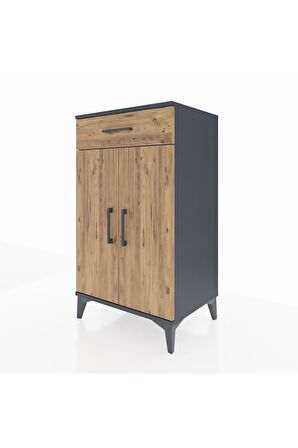 Hyperion Komodin 2 Raflı Tek Çekmeceli 2 Kapaklı 60x44x106 Antrasit-Çam
