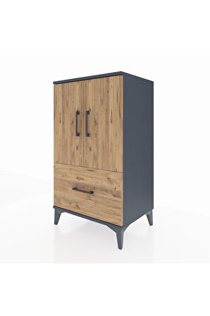 Hyperion Komodin 2 Raflı Tek Çekmeceli 2 Kapaklı 60x44x106 Antrasit-Çam