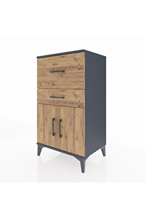 Hyperion Komodin Tek Raflı 2 Çekmeceli 2 Kapaklı 60x44x106 Antrasit-Çam