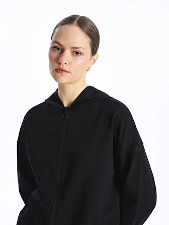 Kapüşonlu Düz Uzun Kollu Kadın Fermuarlı Sweatshirt