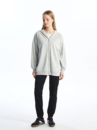 Kapüşonlu Düz Uzun Kollu Kadın Fermuarlı Sweatshirt