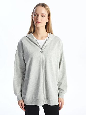 Kapüşonlu Düz Uzun Kollu Kadın Fermuarlı Sweatshirt
