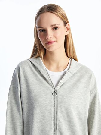 Kapüşonlu Düz Uzun Kollu Kadın Fermuarlı Sweatshirt