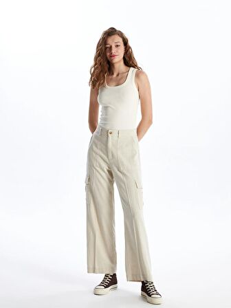 Beli Lastikli Düz Keten Karışımlı Kadın Pantolon