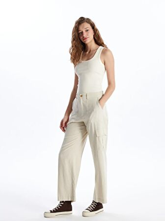 Beli Lastikli Düz Keten Karışımlı Kadın Pantolon