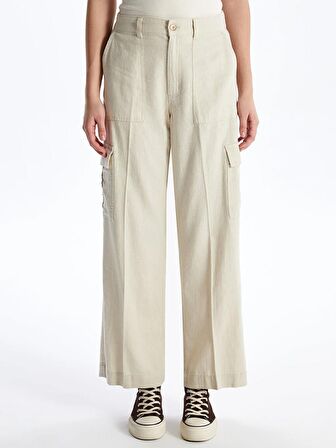Beli Lastikli Düz Keten Karışımlı Kadın Pantolon