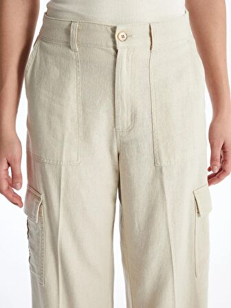 Beli Lastikli Düz Keten Karışımlı Kadın Pantolon