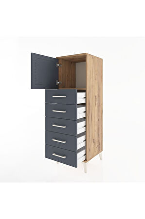 Hyperion Dolap Tek Raflı 5 Çekmeceli Tek Kapaklı 44x44x134 Çam-Antrasit