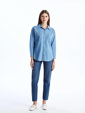 Düz Uzun Kollu Oversize Kadın Jean Gömlek