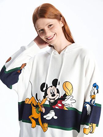 Mickey Mouse ve Arkadaşları Baskılı Uzun Kollu Oversize Kadın Hoodie