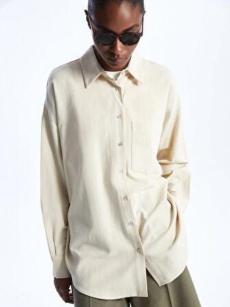 Düz Uzun Kollu Oversize Keten Karışımlı Kadın Gömlek