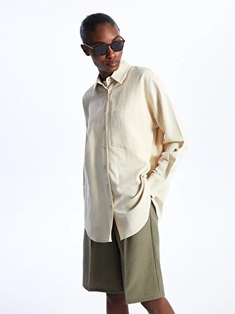 Düz Uzun Kollu Oversize Keten Karışımlı Kadın Gömlek