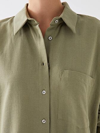 Düz Uzun Kollu Oversize Keten Karışımlı Kadın Gömlek