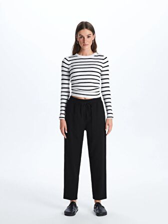 Beli Lastikli Düz Keten Karışımlı Kadın Pantolon