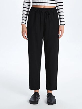 Beli Lastikli Düz Keten Karışımlı Kadın Pantolon