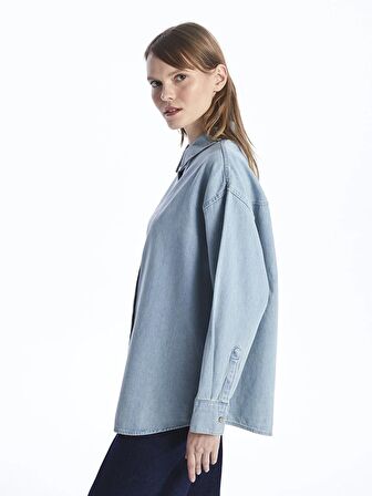 Düz Uzun Kollu Oversize Kadın Jean Gömlek