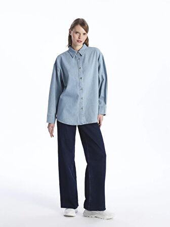 Düz Uzun Kollu Oversize Kadın Jean Gömlek