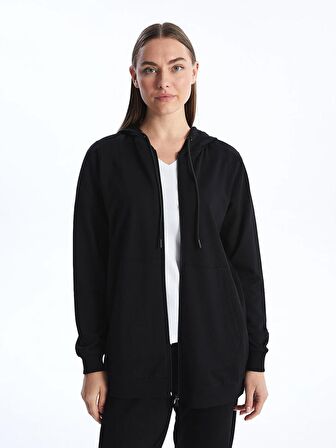 Kapüşonlu Düz Uzun Kollu Kadın Fermuarlı Sweatshirt