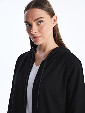 Kapüşonlu Düz Uzun Kollu Kadın Fermuarlı Sweatshirt