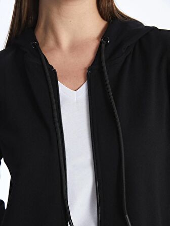 Kapüşonlu Düz Uzun Kollu Kadın Fermuarlı Sweatshirt