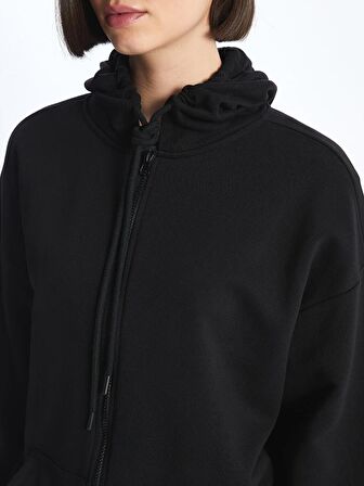 Kapüşonlu Düz Oversize Kadın Fermuarlı Sweatshirt
