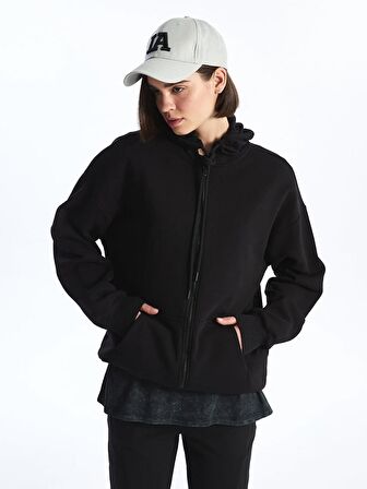Kapüşonlu Düz Oversize Kadın Fermuarlı Sweatshirt