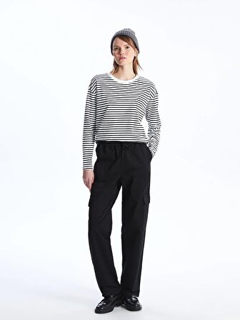 Beli Lastikli Düz Gabardin Kadın Kargo Pantolon