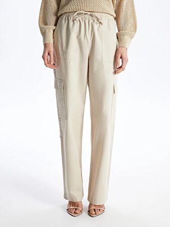 Beli Lastikli Düz Gabardin Kadın Kargo Pantolon