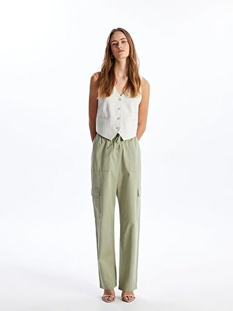 Beli Lastikli Düz Gabardin Kadın Kargo Pantolon