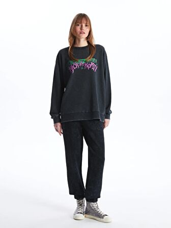Bisiklet Yaka Rick and Morty Baskılı Uzun Kollu Oversize Kadın Sweatshirt