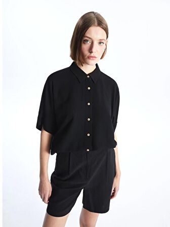 Düz Kısa Kollu Oversize Keten Karışımlı Kadın Gömlek