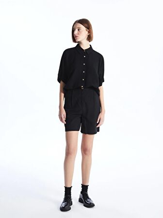 Düz Kısa Kollu Oversize Keten Karışımlı Kadın Gömlek