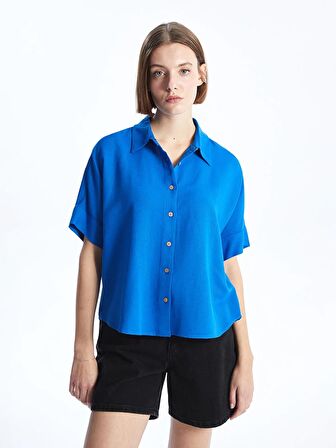 Düz Kısa Kollu Oversize Keten Karışımlı Kadın Gömlek