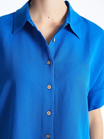 Düz Kısa Kollu Oversize Keten Karışımlı Kadın Gömlek