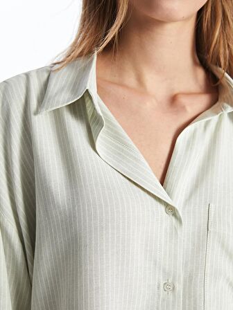 Çizgili Uzun Kollu Oversize Keten Karışımlı Kadın Gömlek