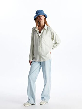 Çizgili Uzun Kollu Oversize Keten Karışımlı Kadın Gömlek