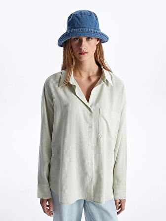 Çizgili Uzun Kollu Oversize Keten Karışımlı Kadın Gömlek