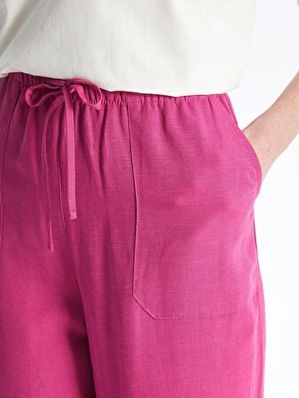 Beli Lastikli Düz Keten Karışımlı Kadın Pantolon