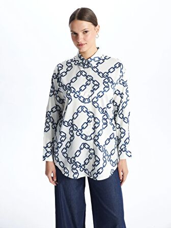 Desenli Uzun Kollu Saten Kadın Gömlek Tunik