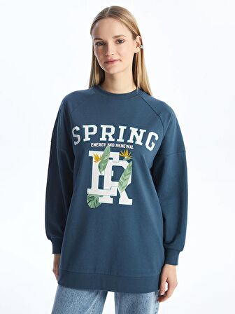 Bisiklet Yaka Baskılı Uzun Kollu Oversize Kadın Sweatshirt Tunik