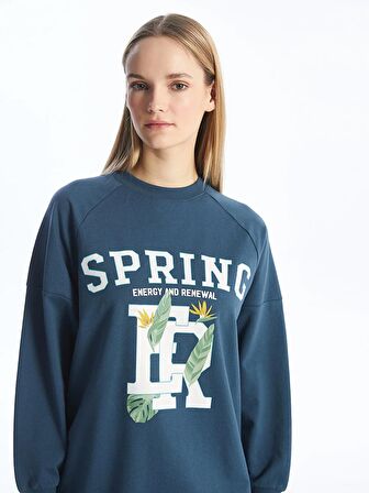 Bisiklet Yaka Baskılı Uzun Kollu Oversize Kadın Sweatshirt Tunik