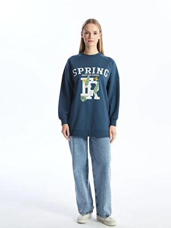 Bisiklet Yaka Baskılı Uzun Kollu Oversize Kadın Sweatshirt Tunik