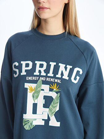 Bisiklet Yaka Baskılı Uzun Kollu Oversize Kadın Sweatshirt Tunik