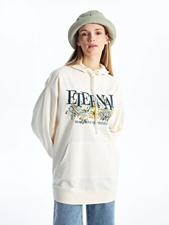 Kapüşonlu Baskılı Oversize Kadın Sweatshirt Tunik