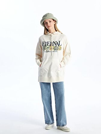 Kapüşonlu Baskılı Oversize Kadın Sweatshirt Tunik