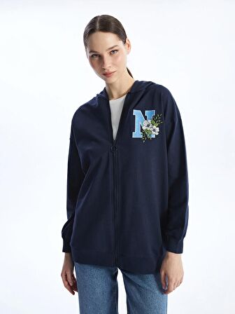 Kapüşonlu Nakışlı Uzun Kollu Oversize Kadın Fermuarlı Sweatshirt