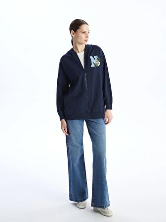 Kapüşonlu Nakışlı Uzun Kollu Oversize Kadın Fermuarlı Sweatshirt